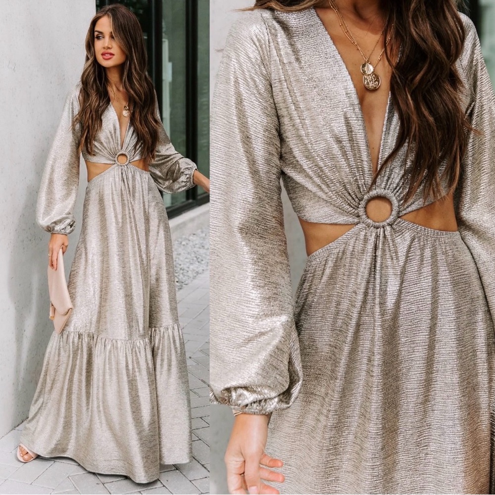 Vici Metallic Gold Maxi Dress with Cut-Out Detail
